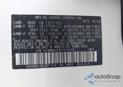 2023 Subaru Ascent Limited 7-Passenger z USA, uszkodzony, nr VIN 4S4WMAUD9P3420846